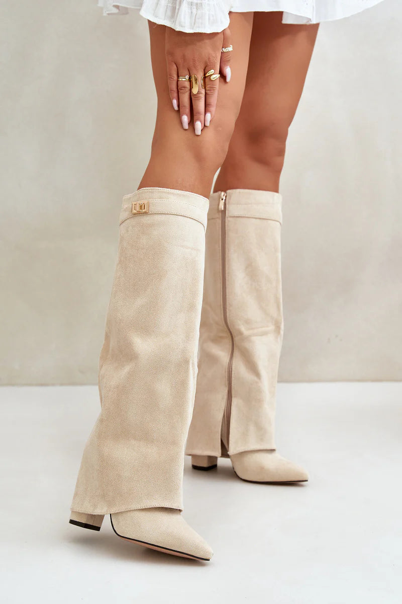 Amoura Suede Knee High Boots - Light Beige
