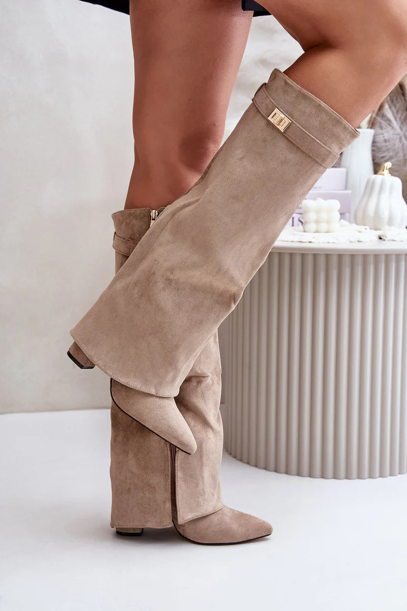 Amoura Suede Knee High Boots - Beige